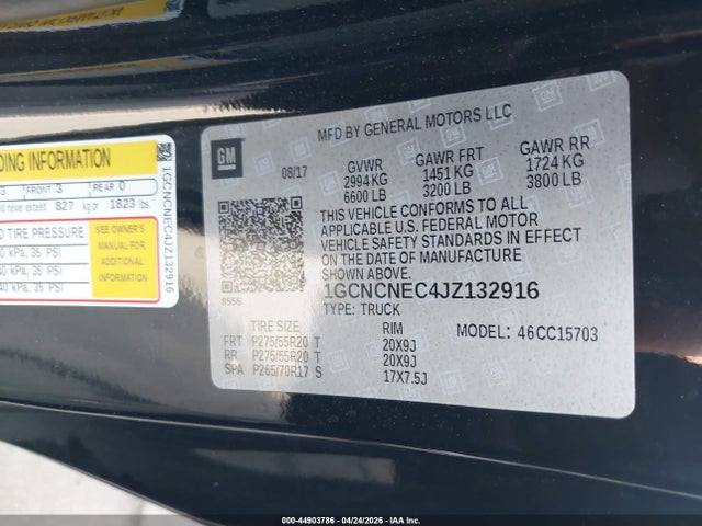 Auction sale of the 2018 Chevrolet Silverado 1500 Wt, vin: 1GCNCNEC4JZ132916, lot number: 44903786