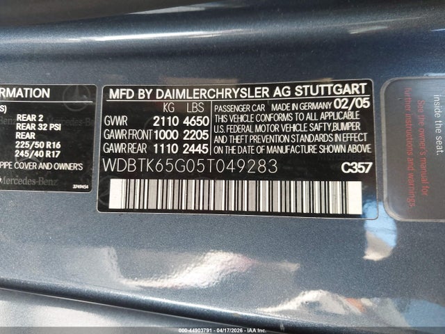 Aukcja sprzedaży 2005 Mercedes-benz Clk 320, vin: WDBTK65G05T049283, numer aukcji: 44903791