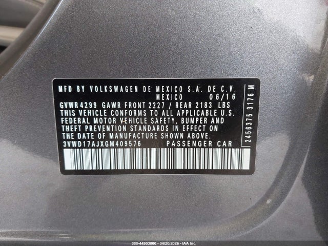 Aukcja sprzedaży 2016 Volkswagen Jetta 1.8t Sport, vin: 3VWD17AJXGM409576, numer aukcji: 44903800
