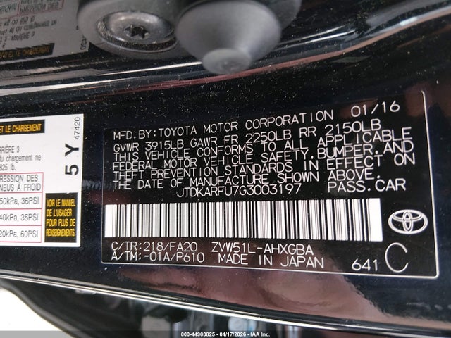 Toyota Prius Three 2016 JTDKARFU7G3003197 Image 9