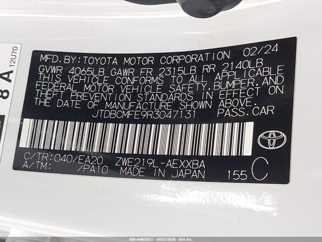 44903831 :رقم المزاد ، JTDBCMFE9R3047131 vin ، 2024 Toyota Corolla Hybrid Xle مزاد بيع