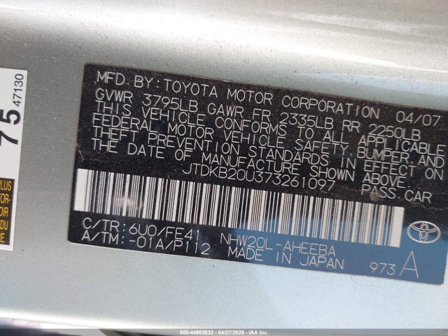 Aukcja sprzedaży 2007 Toyota Prius, vin: JTDKB20U373261097, numer aukcji: 44903832