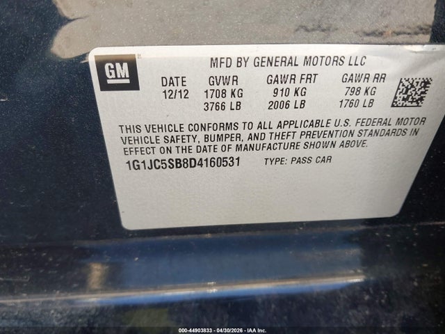 2013 Chevrolet Sonic Lt Auto მანქანა იყიდება აუქციონზე, vin: 1G1JC5SB8D4160531, აუქციონის ნომერი: 44903833