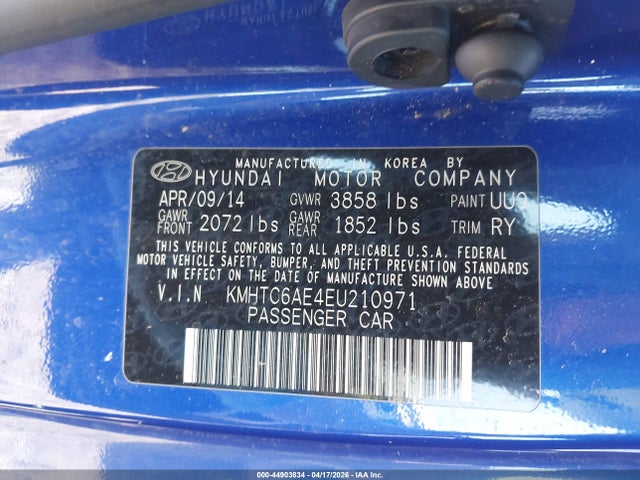 44903834 :رقم المزاد ، KMHTC6AE4EU210971 vin ، 2014 Hyundai Veloster Turbo W/black مزاد بيع
