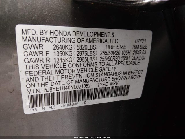 5J8YE1H40NL021052 Acura Mdx Technology Package