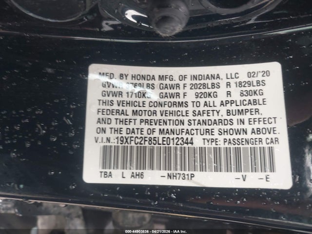 2020 Honda Civic Sport მანქანა იყიდება აუქციონზე, vin: 19XFC2F85LE012344, აუქციონის ნომერი: 44903836