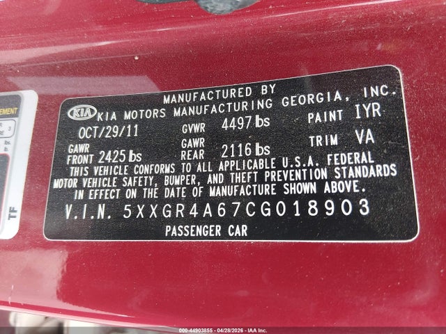 Aukcja sprzedaży 2012 Kia Optima Sx, vin: 5XXGR4A67CG018903, numer aukcji: 44903855