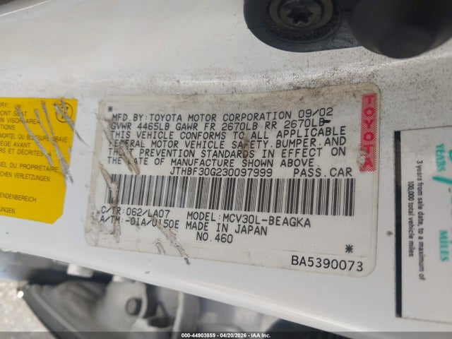44903859 :رقم المزاد ، JTHBF30G230097999 vin ، 2003 Lexus Es 300 مزاد بيع
