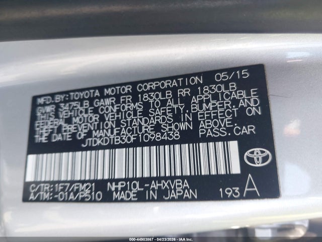 JTDKDTB30F1098438 Toyota Prius C Two