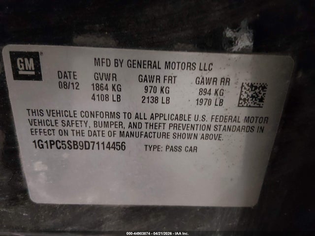 2013 Chevrolet Cruze 1lt Auto მანქანა იყიდება აუქციონზე, vin: 1G1PC5SB9D7114456, აუქციონის ნომერი: 44903874