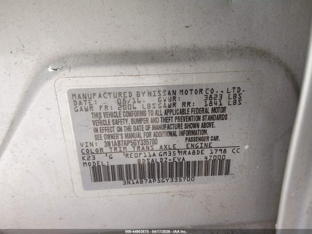 2016 Nissan Sentra Sv მანქანა იყიდება აუქციონზე, vin: 3N1AB7AP5GY335700, აუქციონის ნომერი: 44903878