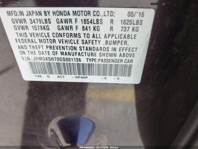 JHMGK5H70GS001136 Honda FIT EX