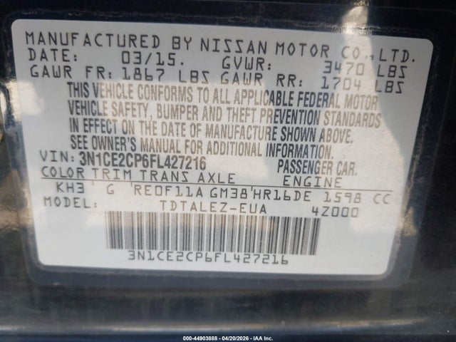 Продаж на аукціоні авто 2015 Nissan Versa Note Sl, vin: 3N1CE2CP6FL427216, номер лоту: 44903888