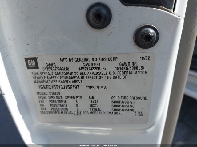 2003 Gmc Yukon Xl 1500 Slt მანქანა იყიდება აუქციონზე, vin: 1GKEC16T13J156197, აუქციონის ნომერი: 44903896