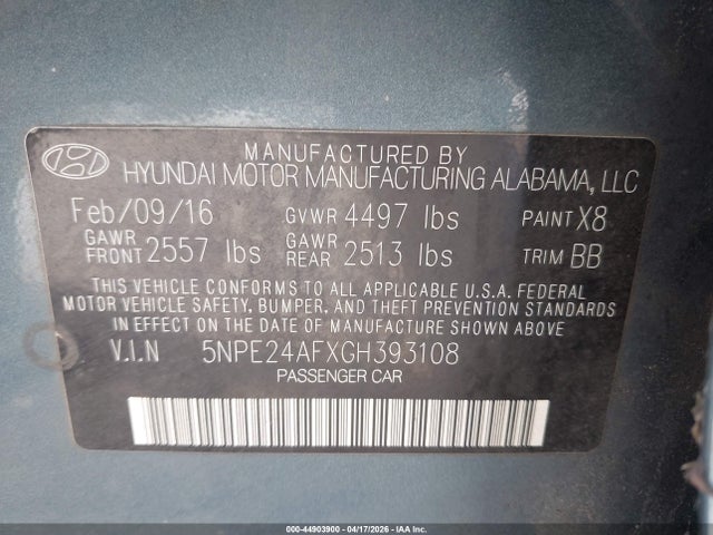 5NPE24AFXGH393108 Hyundai Sonata