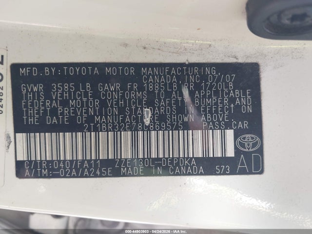 44903903 :رقم المزاد ، 2T1BR32E78C869575 vin ، 2008 Toyota Corolla Ce مزاد بيع