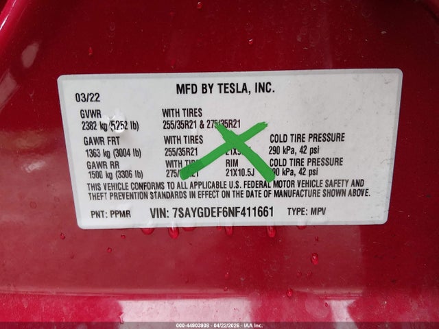 7SAYGDEF6NF411661 Tesla Model Y Performance Dual Motor All-wheel Drive