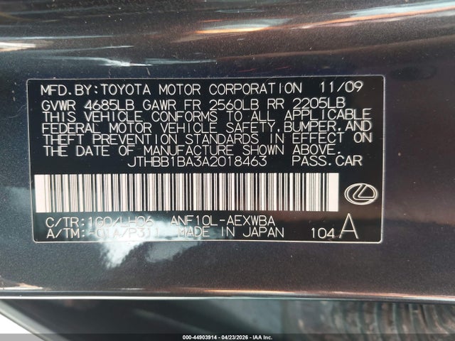 Auction sale of the 2010 Lexus Hs 250h Premium, vin: JTHBB1BA3A2018463, lot number: 44903914