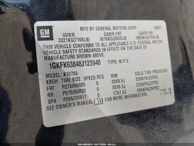 Продаж на аукціоні авто 2008 Gmc Yukon Denali, vin: 1GKFK63848J123948, номер лоту: 44903918