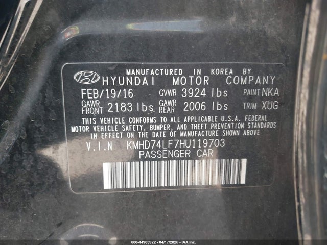 KMHD74LF7HU119703 Hyundai ELANTRA SE