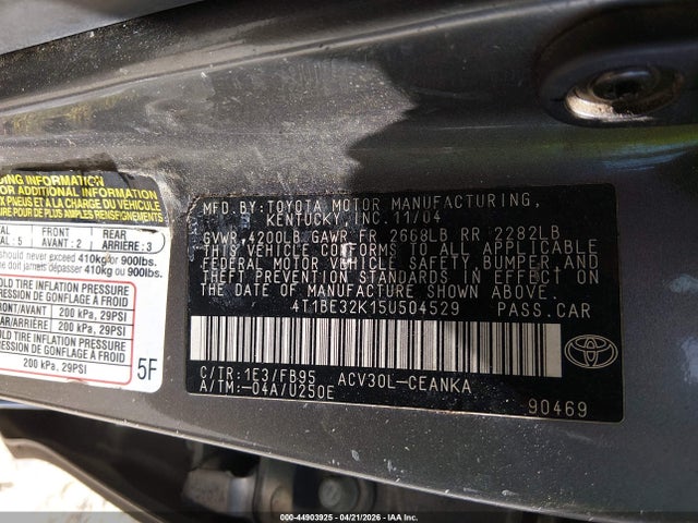 2005 Toyota Camry Le მანქანა იყიდება აუქციონზე, vin: 4T1BE32K15U504529, აუქციონის ნომერი: 44903925