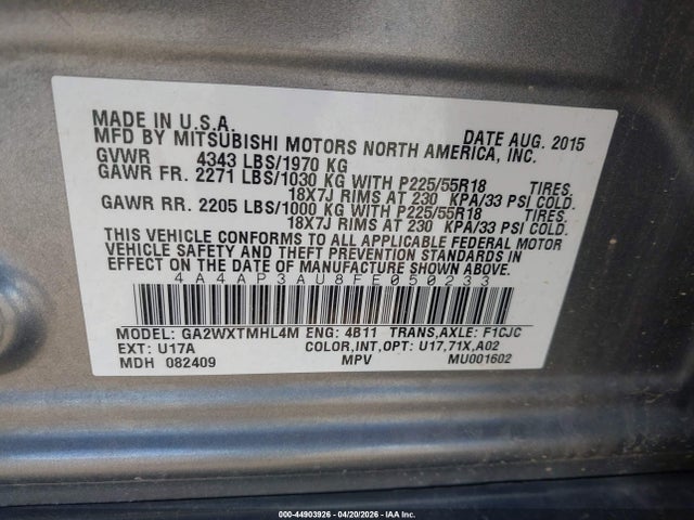 Aukcja sprzedaży 2015 Mitsubishi Outlander Sport Es, vin: 4A4AP3AU8FE050233, numer aukcji: 44903926