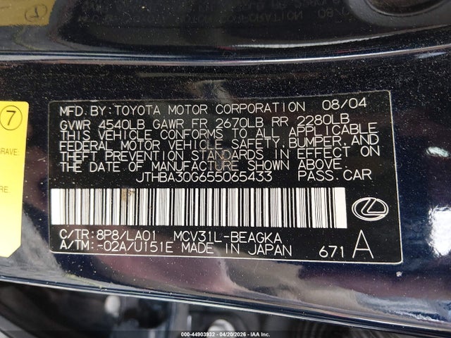 44903932 :رقم المزاد ، JTHBA30G655065433 vin ، 2005 Lexus Es 330 مزاد بيع