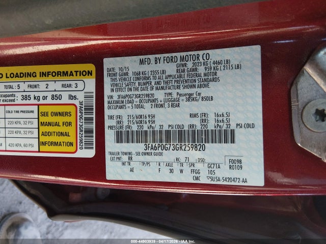 Ford FUSION S 2016 3FA6P0G73GR259820 Image 9