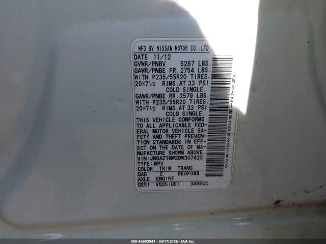 2013 NISSAN MURANO JN8AZ1MW2DW307420 Photo 8