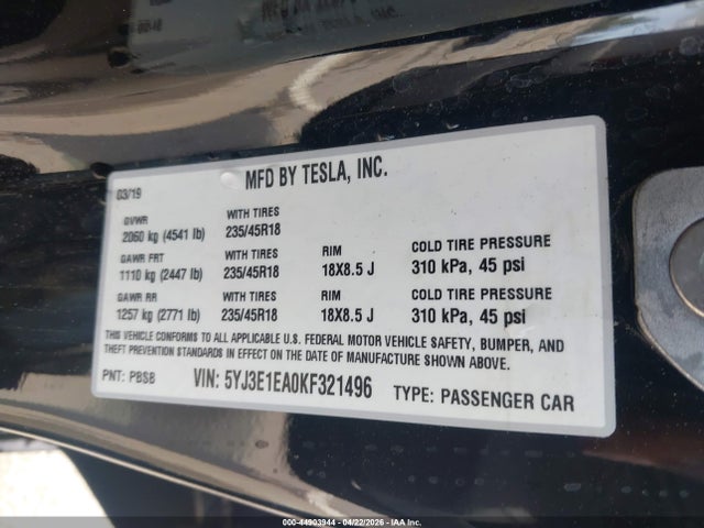 Aukcja sprzedaży 2019 Tesla Model 3 Long Range/mid Range/standard Range/standard Range Plus, vin: 5YJ3E1EA0KF321496, numer aukcji: 44903944