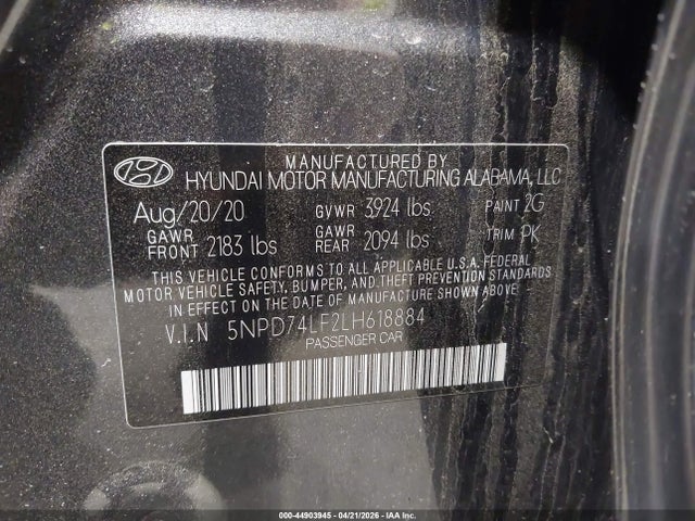 2020 Hyundai Elantra Se მანქანა იყიდება აუქციონზე, vin: 5NPD74LF2LH618884, აუქციონის ნომერი: 44903945