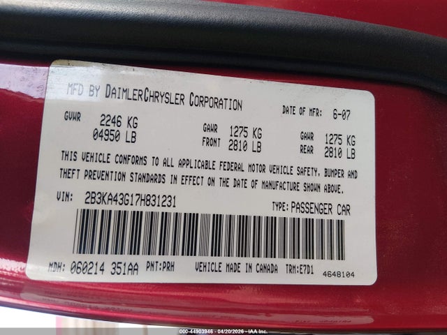 2007 Dodge Charger მანქანა იყიდება აუქციონზე, vin: 2B3KA43G17H831231, აუქციონის ნომერი: 44903946