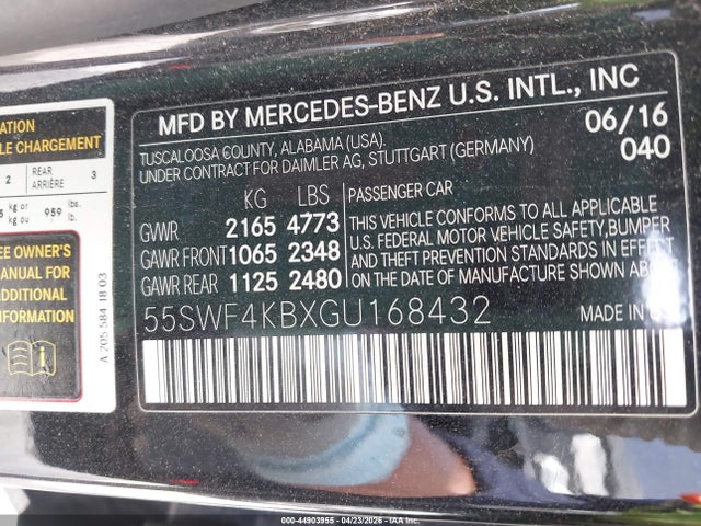 Aukcja sprzedaży 2016 Mercedes-benz C 300 4matic, vin: 55SWF4KBXGU168432, numer aukcji: 44903955