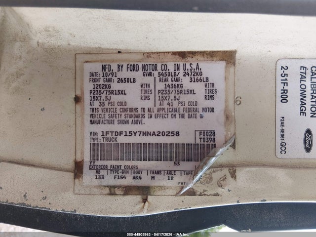 Aukcja sprzedaży 1992 Ford F150, vin: 1FTDF15Y7NNA20258, numer aukcji: 44903963