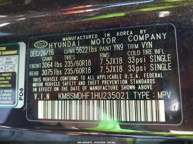 Aukcja sprzedaży 2017 Hyundai Santa Fe Se, vin: KM8SMDHF1HU235021, numer aukcji: 44903976