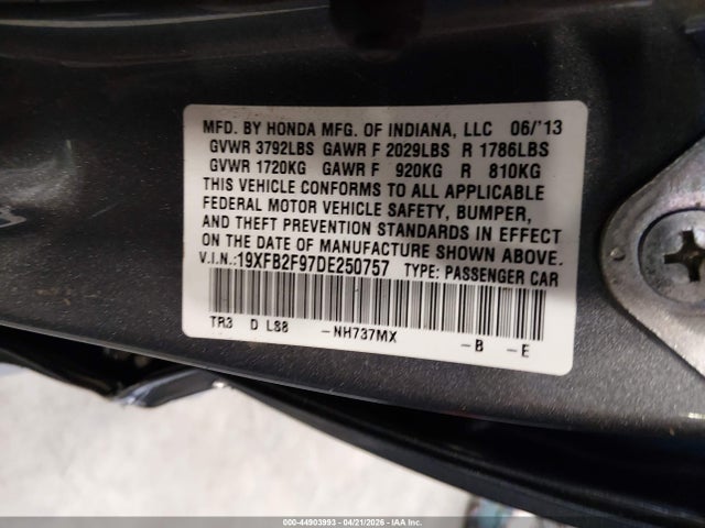 44903993 :رقم المزاد ، 19XFB2F97DE250757 vin ، 2013 Honda Civic Ex-l مزاد بيع