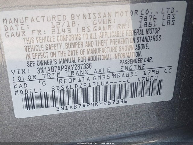Nissan SENTRA SV 2019 3N1AB7AP9KY287336 Image 9