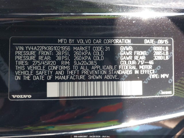 44903997 :رقم المزاد ، YV4A22PK8G1021956 vin ، 2016 Volvo Xc90 T6 Momentum مزاد بيع