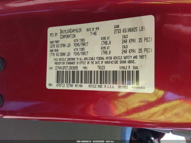 44904012 :رقم المزاد ، 1D7HA16P27J503095 vin ، 2007 Dodge Ram 1500 Slt/sport مزاد بيع