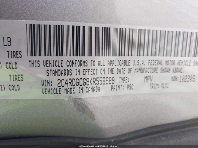 Продажа на аукционе авто 2019 Dodge Grand Caravan Sxt, vin: 2C4RDGCG9KR556989, номер лота: 44904017