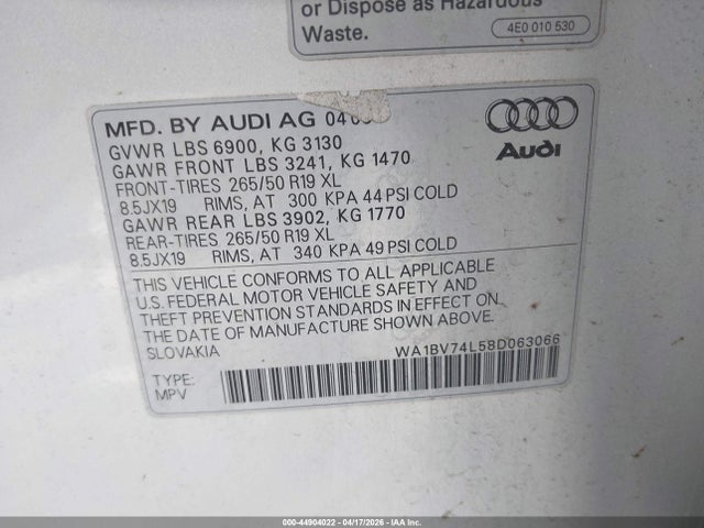 44904022 :رقم المزاد ، WA1BV74L58D063066 vin ، 2008 Audi Q7 4.2 Premium مزاد بيع