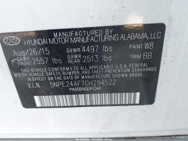 Продажа на аукционе авто 2016 Hyundai Sonata Se, vin: 5NPE24AF7GH294522, номер лота: 44904033