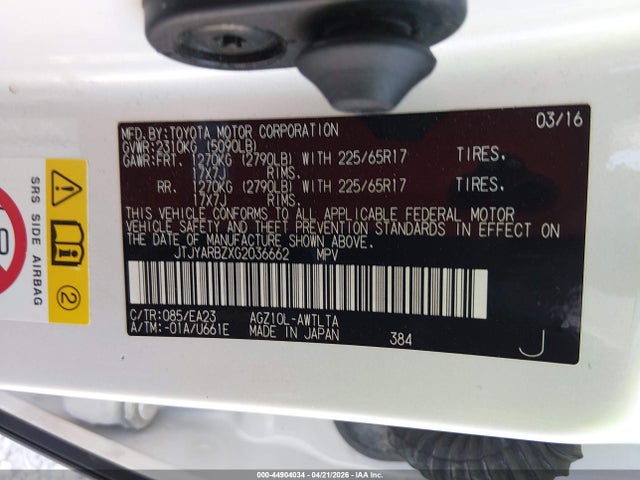 44904034 :رقم المزاد ، JTJYARBZXG2036662 vin ، 2016 Lexus Nx 200t مزاد بيع
