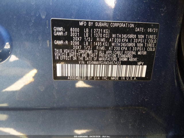2021 Subaru Ascent Touring მანქანა იყიდება აუქციონზე, vin: 4S4WMARDXM3467422, აუქციონის ნომერი: 44904060
