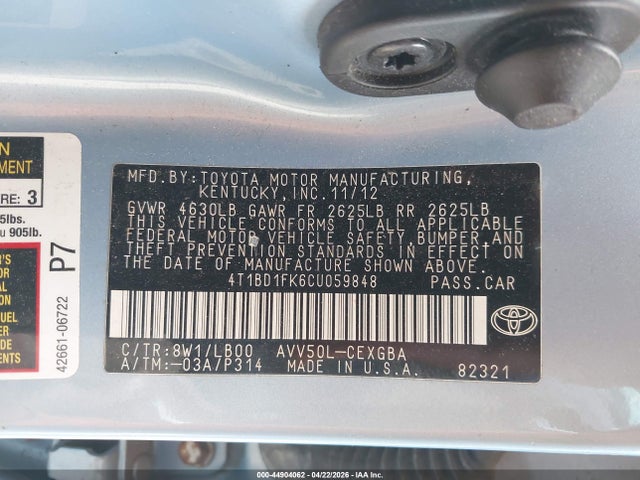 Продажа на аукционе авто 2012 Toyota Camry Hybrid Xle, vin: 4T1BD1FK6CU059848, номер лота: 44904062
