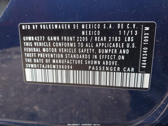 44904077 :رقم المزاد ، 3VWD17AJ6EM396094 vin ، 2014 Volkswagen Jetta 1.8t Se مزاد بيع