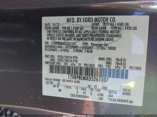 2013 Ford Mustang V6 Premium მანქანა იყიდება აუქციონზე, vin: 1ZVBP8EMXD5261107, აუქციონის ნომერი: 44904094