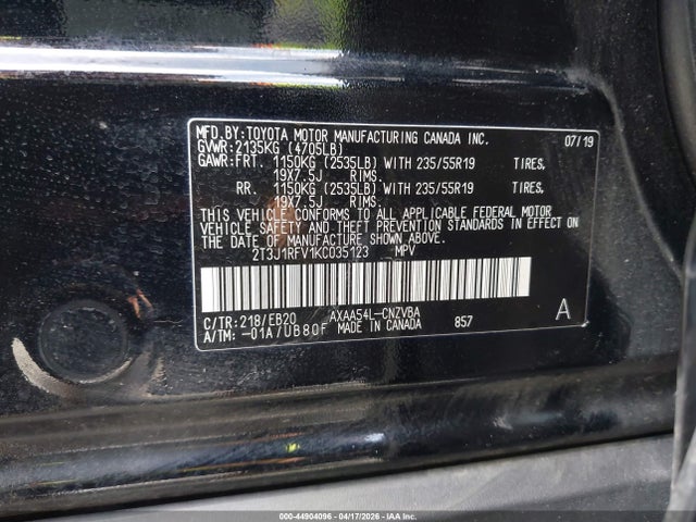 44904096 :رقم المزاد ، 2T3J1RFV1KC035123 vin ، 2019 Toyota Rav4 Adventure مزاد بيع