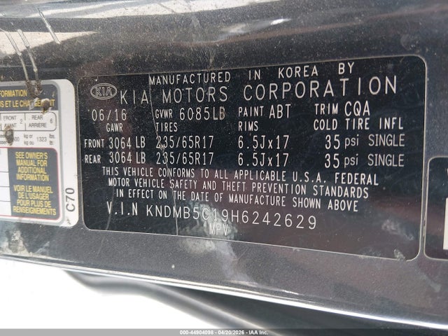 44904098 :رقم المزاد ، KNDMB5C19H6242629 vin ، 2017 Kia Sedona Lx مزاد بيع