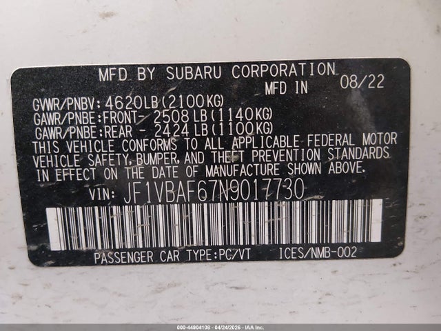 Subaru Wrx Premium 2022 JF1VBAF67N9017730 Image 9